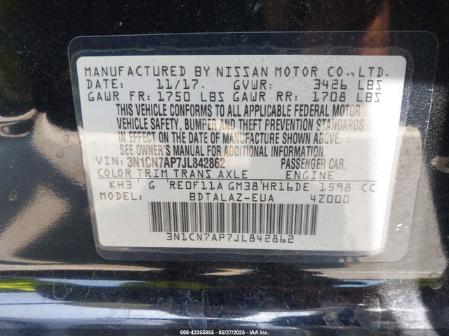 3N1CN7AP7JL842862 Nissan Versa 1.6 S+