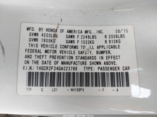 1HGCR2F34GA023786 Honda k24w1