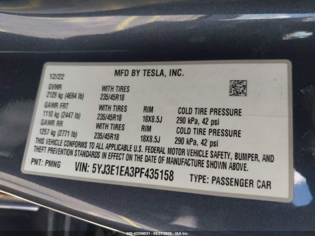 5YJ3E1EA3PF435158 Tesla Model 3 Rear-wheel Drive