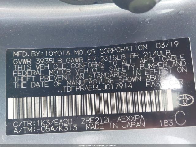 JTDFPRAE5LJ017914 Toyota Corolla Xle