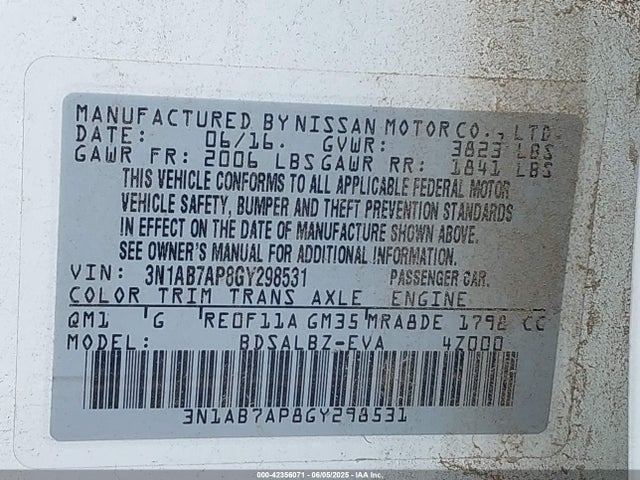 3N1AB7AP8GY298531 Nissan 2016
