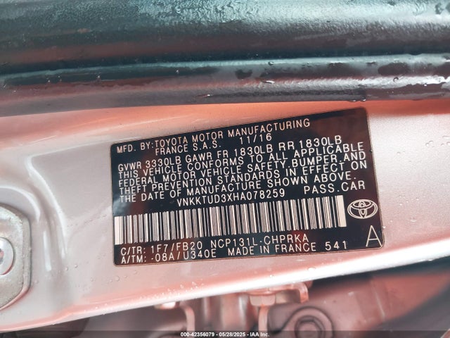 VNKKTUD3XHA078259 Toyota 1nz-fe