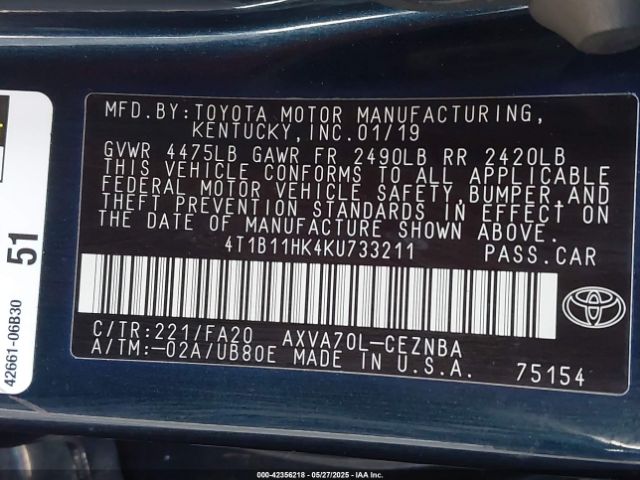 4T1B11HK4KU733211 Toyota CAMRY LE