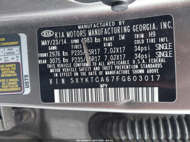 5XYKTCA67FG603017 KIA SORENTO LX