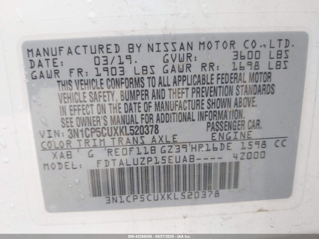 3N1CP5CUXKL520378 Nissan 2019