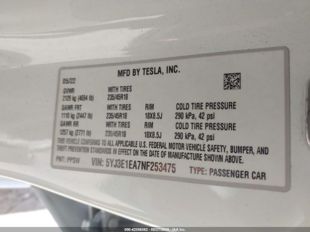 2022 TESLA MODEL 3 5YJ3E1EA7NF253475 Photo 8
