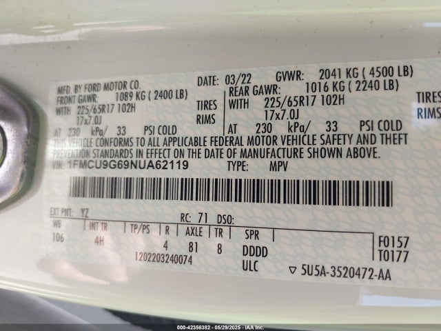 1FMCU9G69NUA62119 Ford dragon di tc