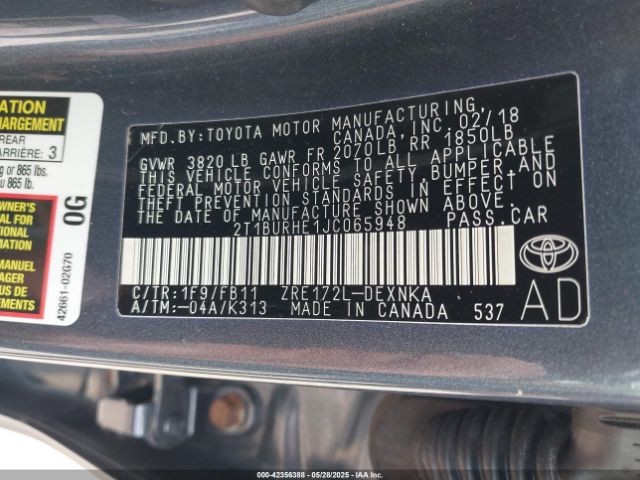 2018 TOYOTA COROLLA 2T1BURHE1JC065948 Photo 8
