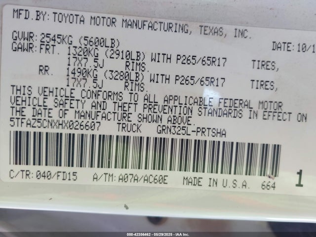 5TFAZ5CNXHX026607 Toyota 2gr-fks