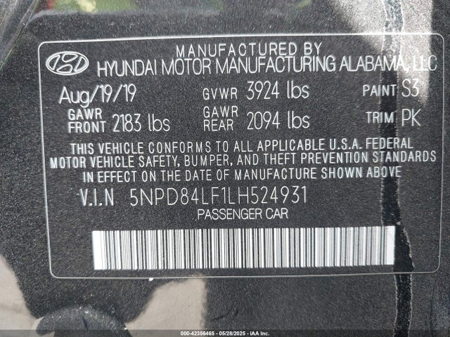 5NPD84LF1LH524931 Hyundai mpi nu