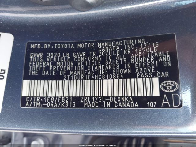 2017 TOYOTA COROLLA 2T1BURHE4HC810864 Photo 8