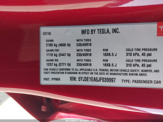 2018 TESLA MODEL 3 5YJ3E1EA5JF039997 Photo 8