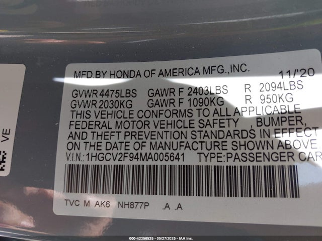 1HGCV2F94MA005641 Honda k20c4