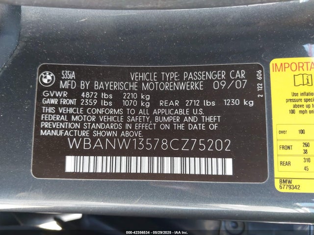 42356534 :رقم المزاد ، WBANW13578CZ75202 vin ، 2008 Bmw 535i مزاد بيع