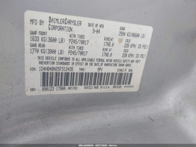 2005 DODGE DURANGO 1D4HB48N25F512435 Photo 8