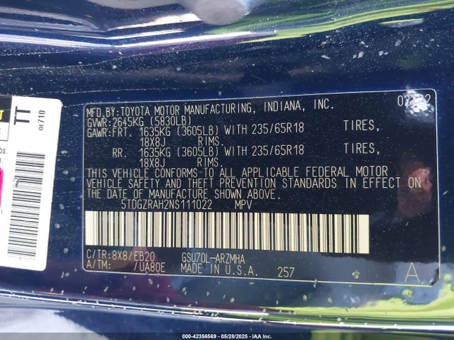 5TDGZRAH2NS111022 Toyota 2gr-fks