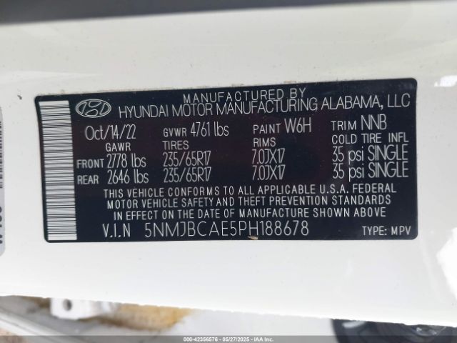 5NMJBCAE5PH188678 Hyundai TUCSON SEL