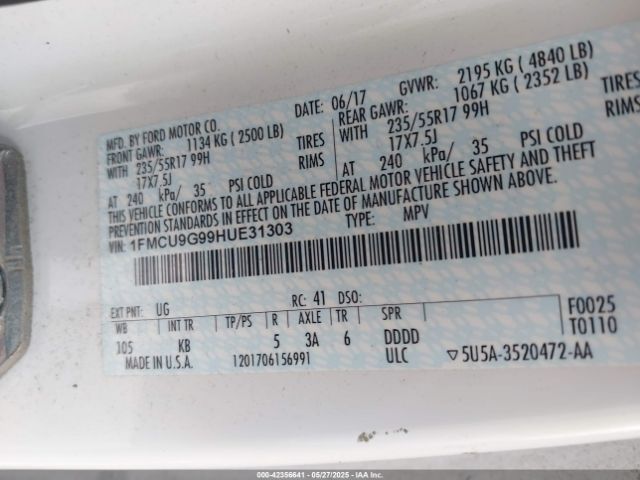 1FMCU9G99HUE31303 Ford ESCAPE SE