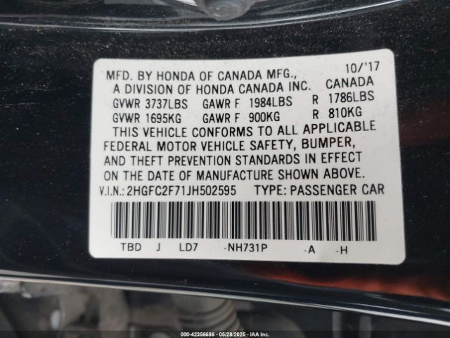 2HGFC2F71JH502595 Honda CIVIC EX