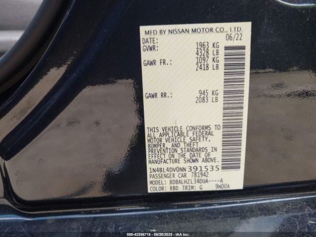 1N4BL4DV0NN391535 Nissan Altima Sv Fwd