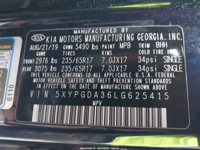 5XYPGDA36LG625415 KIA Sorento 2.4l Lx