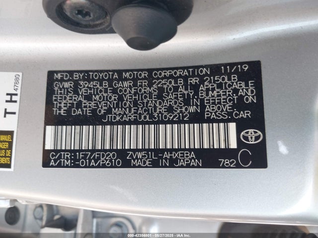 JTDKARFU0L3109212 Toyota 2zr-fxe,1nm+1mm