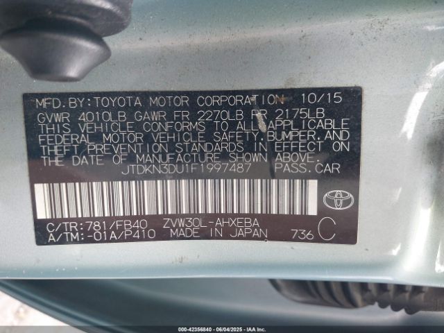JTDKN3DU1F1997487 Toyota 2zr-fxe+3jm