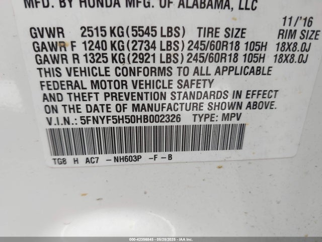 5FNYF5H50HB002326 Honda j35y6