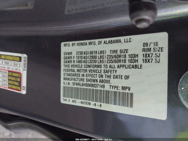 5FNRL6H88KB037149 Honda Odyssey Touring