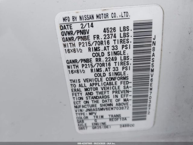 JN8AS5MV6EW703872 Nissan Rogue Select S