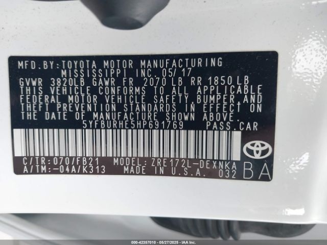 5YFBURHE5HP691769 Toyota Corolla L/le/se/se Special Edition/xle/xse