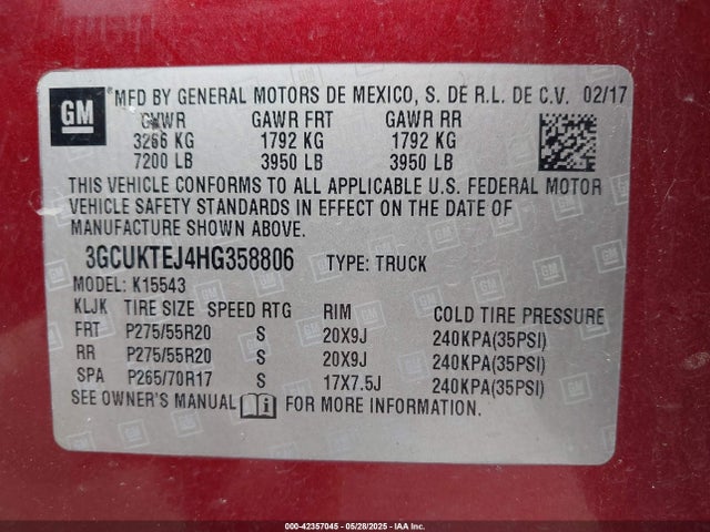 3GCUKTEJ4HG358806 Chevrolet l86 - sidi: spark ignited direct injection, vvt: variable valve timing, afm, e85 max, alum