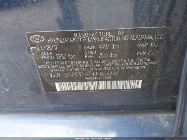 5NPE34AF4JH626467 Hyundai SONATA SEL
