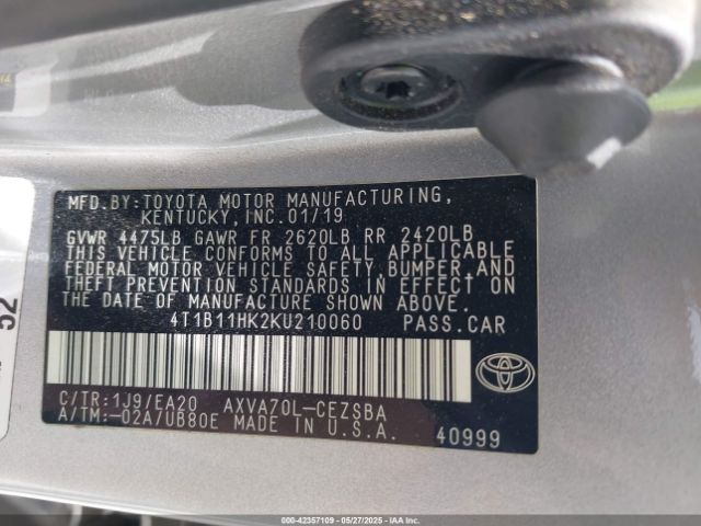 4T1B11HK2KU210060 Toyota Camry L/le/se/xle