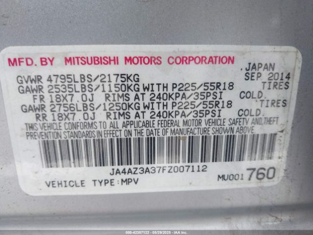 2015 MITSUBISHI OUTLANDER JA4AZ3A37FZ007112 Photo 8