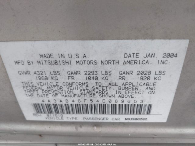 2004 MITSUBISHI GALANT 4A3AB46F54E089653 Photo 8