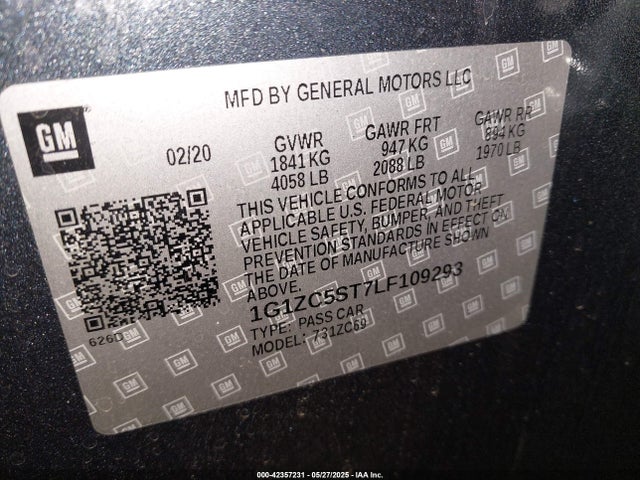 1G1ZC5ST7LF109293 Chevrolet lfv - direct injection, variable valve timing, gen 1