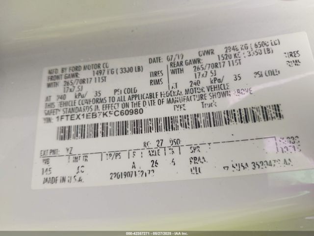 1FTEX1EB7KFC60980 Ford F-150 Xl