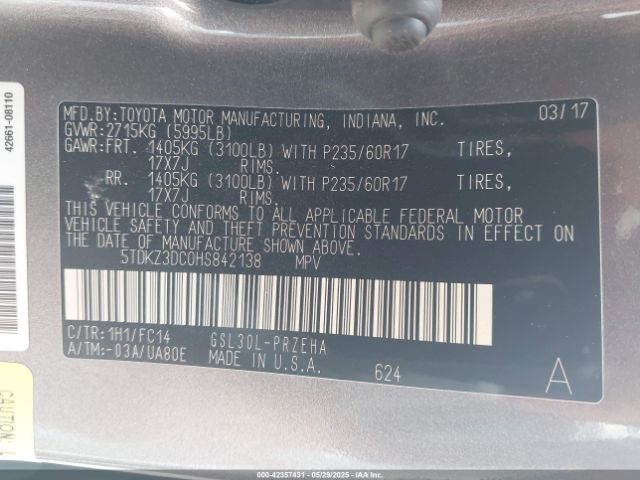 5TDKZ3DC0HS842138 Toyota Sienna Le 8 Passenger