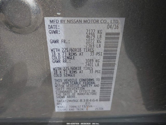 5N1AT2MV9GC838464 Nissan Rogue Sl