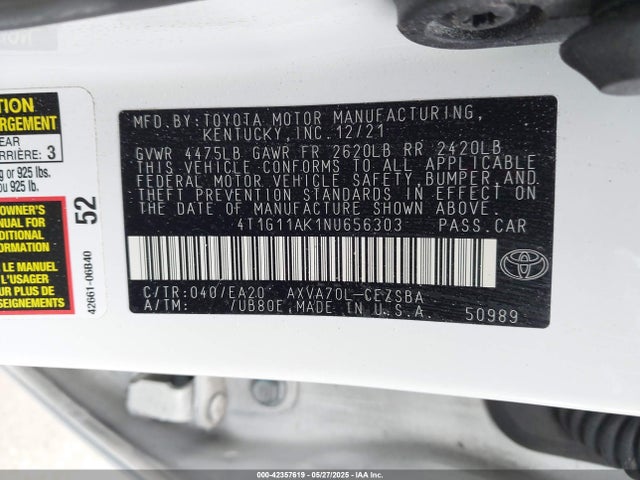 4T1G11AK1NU656303 Toyota Camry Se/se Night Shade