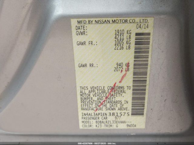 1N4AL3AP1EN381575 Nissan Altima 2.5/2.5 S/2.5 Sl/2.5 Sv