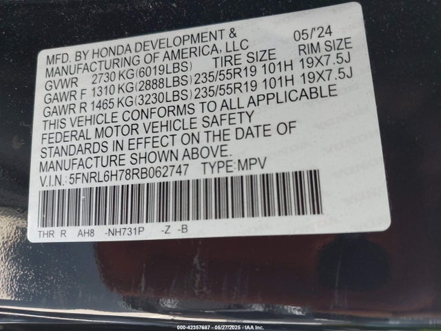 5FNRL6H78RB062747 Honda j35y7