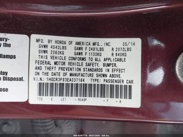 1HGCR3F93EA037184 Honda Accord Touring