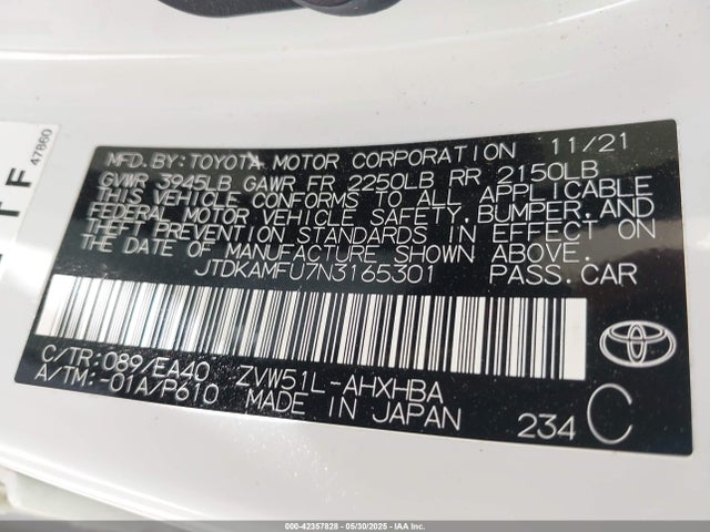JTDKAMFU7N3165301 Toyota 2zr-fxe,1nm