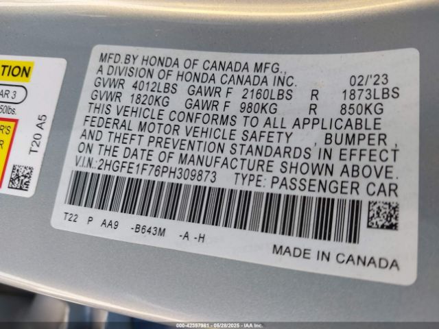 2023 HONDA CIVIC 2HGFE1F76PH309873 Photo 8