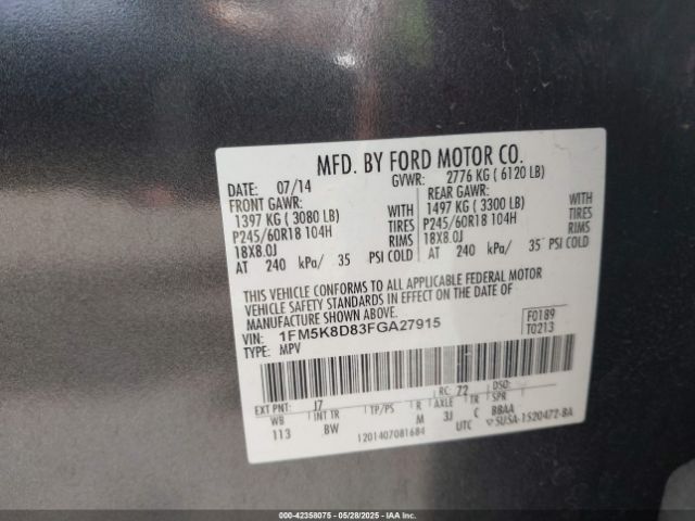 1FM5K8D83FGA27915 Ford EXPLORER XLT