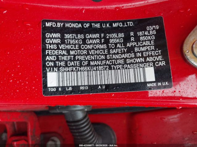SHHFK7H66KU418572 Honda CIVIC EX