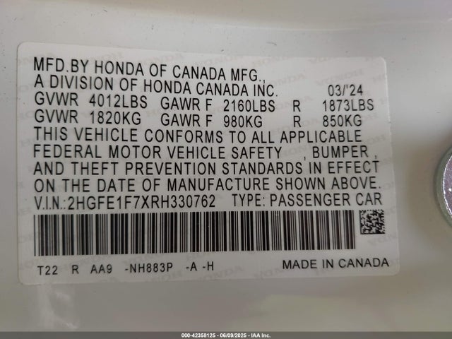 Honda l15b7 2024 2HGFE1F7XRH330762 Image 9