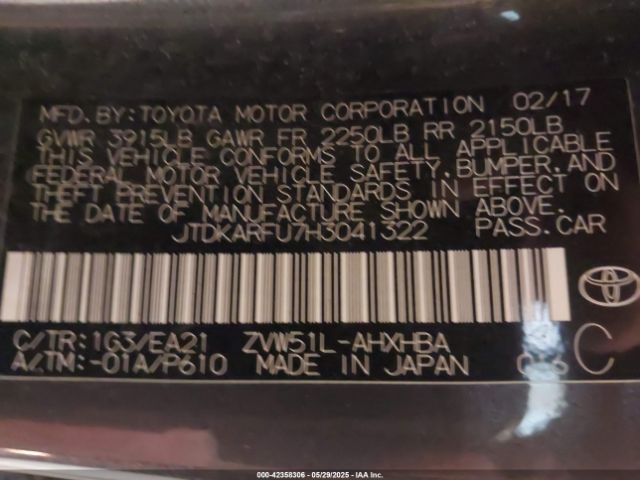 JTDKARFU7H3041322 Toyota Prius Four/four Touring/one/three/three Touring/two/two Eco